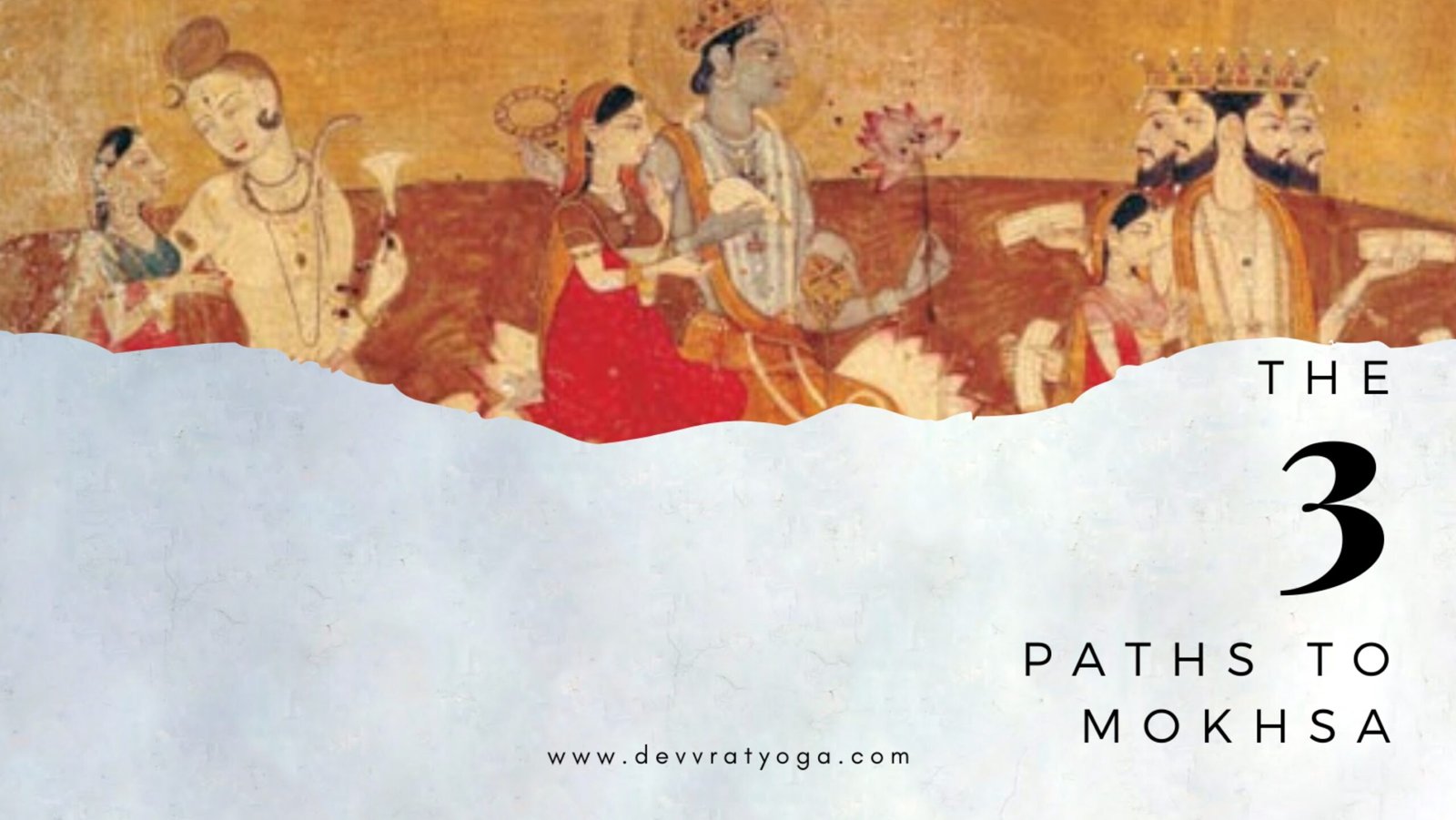 Illustration of the three traditional paths to moksha in yoga – Jnana (knowledge), Bhakti (devotion), and Karma (action) – symbolizing spiritual liberation in Hindu philosophy